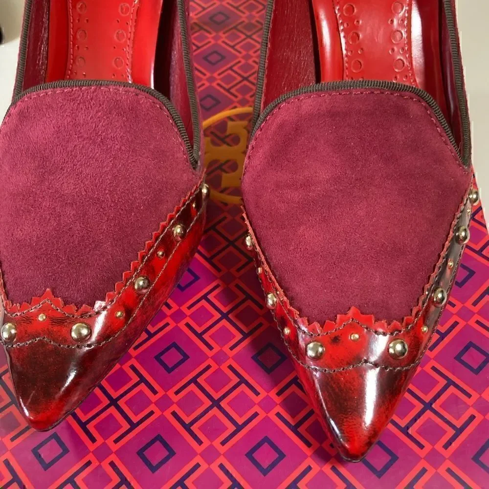 TORY BURCH Red Suede Leather Gold Studded Women’s Pumps Gothic Victorian 7.5 NiB